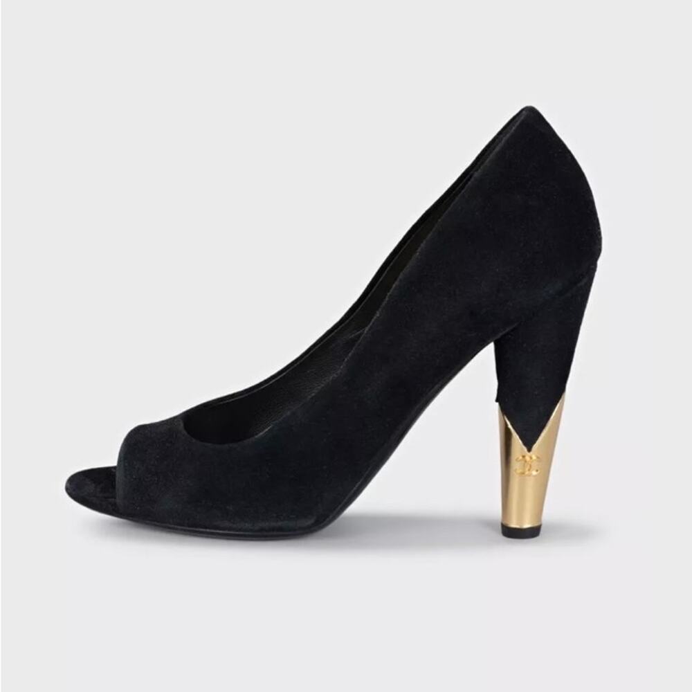 Chanel Black Suede Gold Accent Open Toe Pumps Sz 40